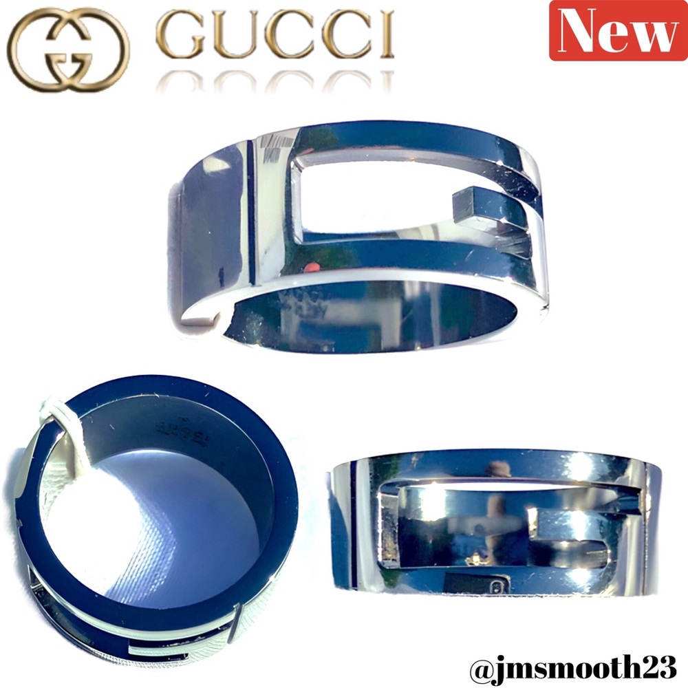 🆕 GUCCI Altoarg Ruthenium Plated Cutout G Ring (810)